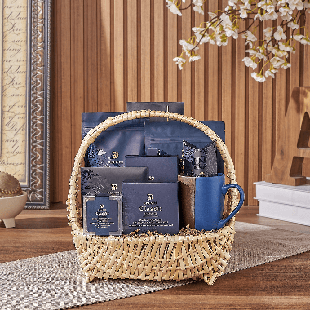 Halal Dark Bruges Chocolates and Two-Tone Mug in Medium Boat Wicker Basket – how the gift is presented