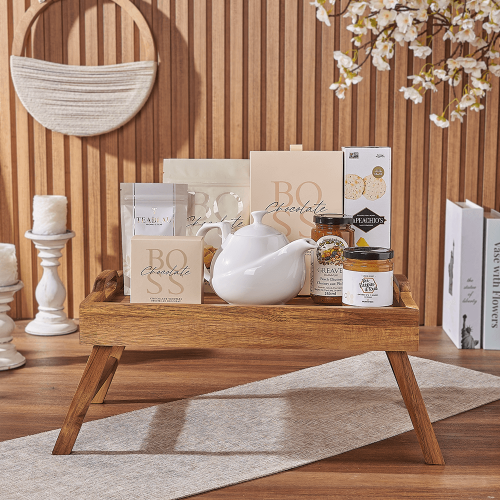 Halal Acacia Wood Bed Tray Gift with Vanilla Chai Tea and Assorted Chocolates – how the gift is presented