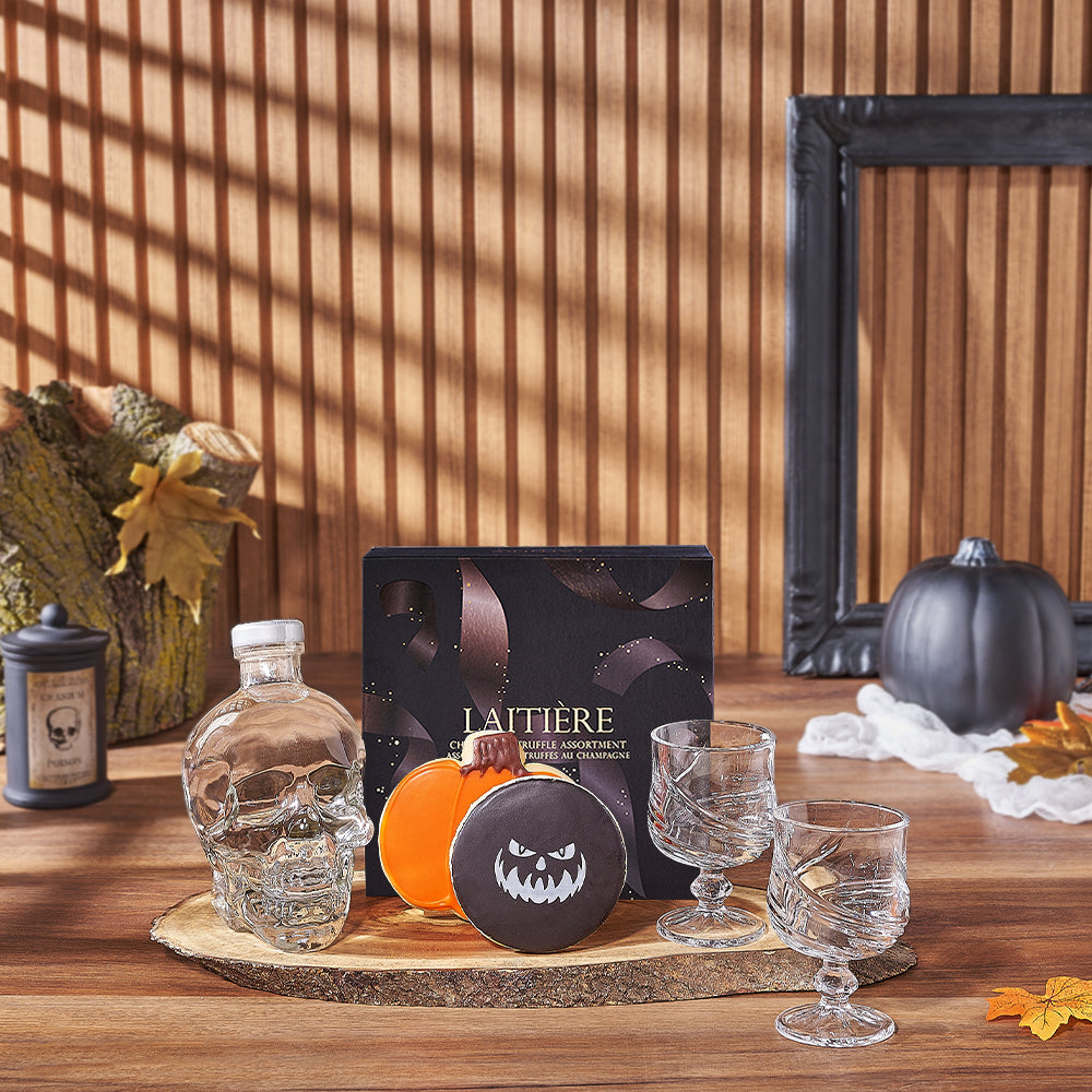 Crystal Head Vodka with Laitière Truffles and Halloween Cookies Gift Basket – how the gift is presented
