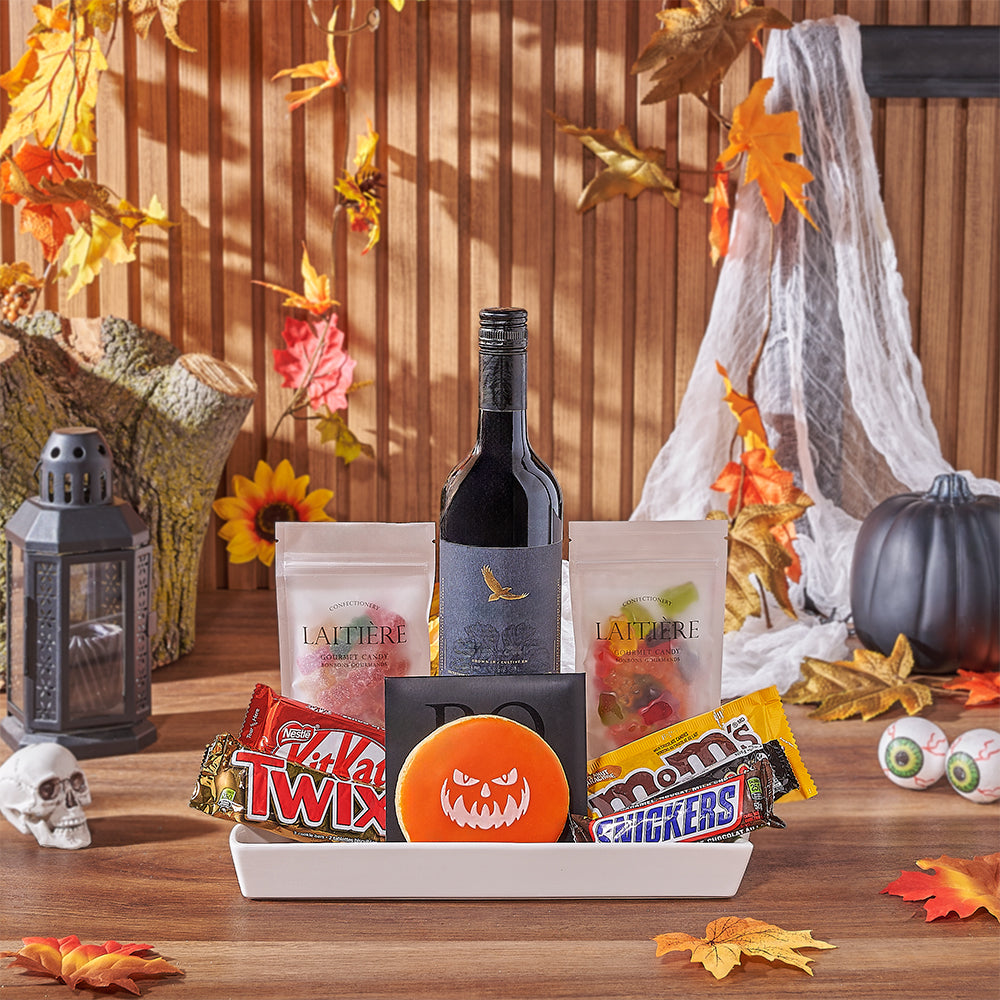12-Inch Ceramic Platter with Red Wine and Halloween Sweets Gift Basket – how the gift is presented