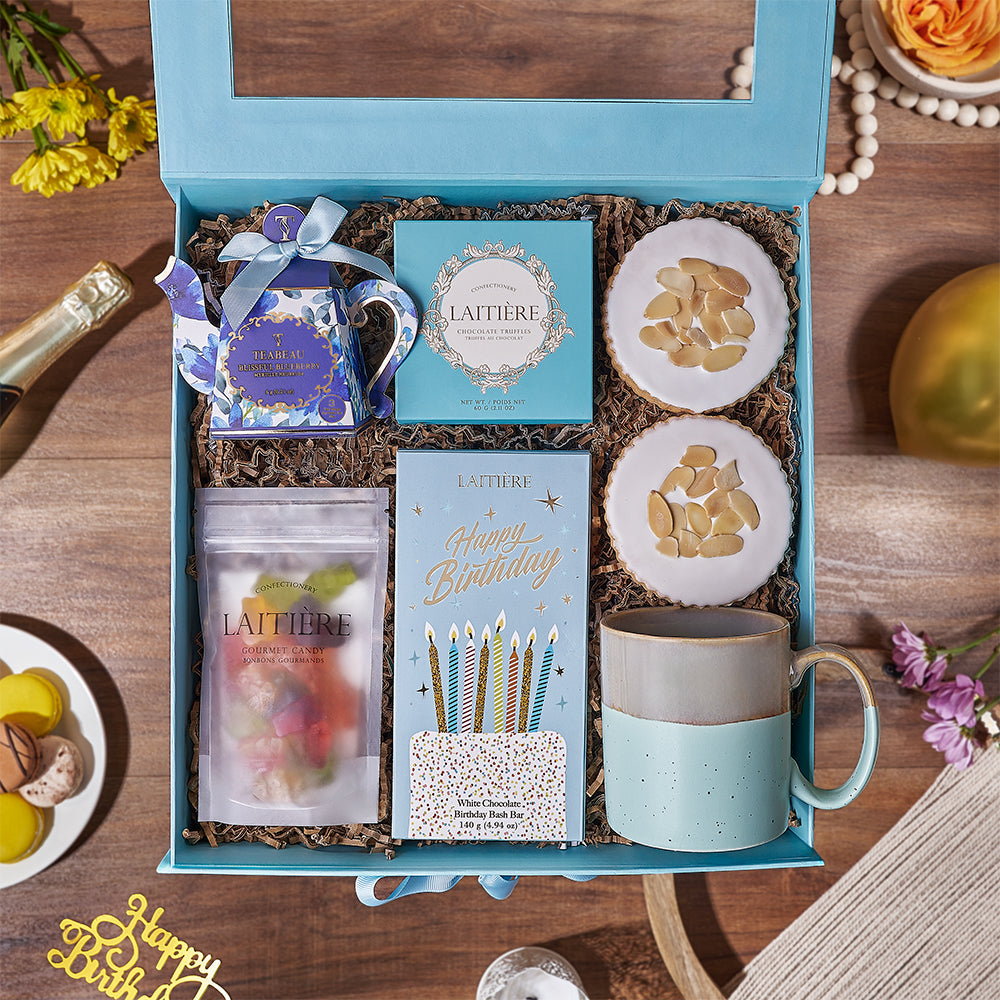 Birthday Gourmet Tea and Chocolate Gift Basket – how the gift is presented