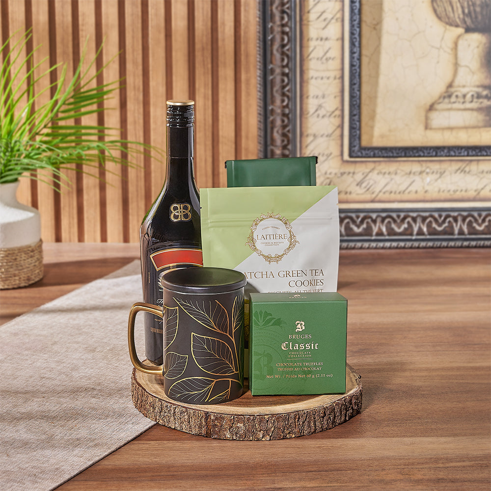 Premium Liquor Gift Basket Featuring Coffee and Bruges Classic Chocolates – how the gift is presented