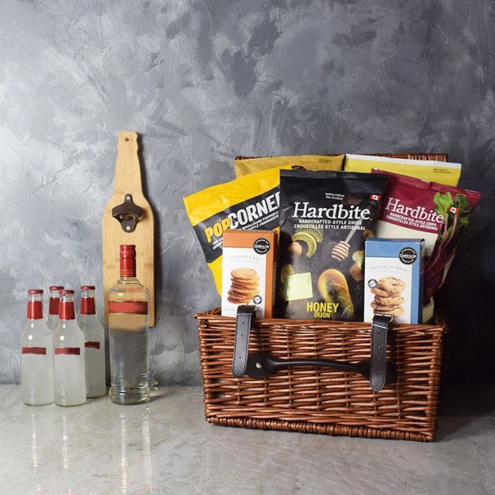 Liquor and Chips Wicker Basket – how the gift is presented