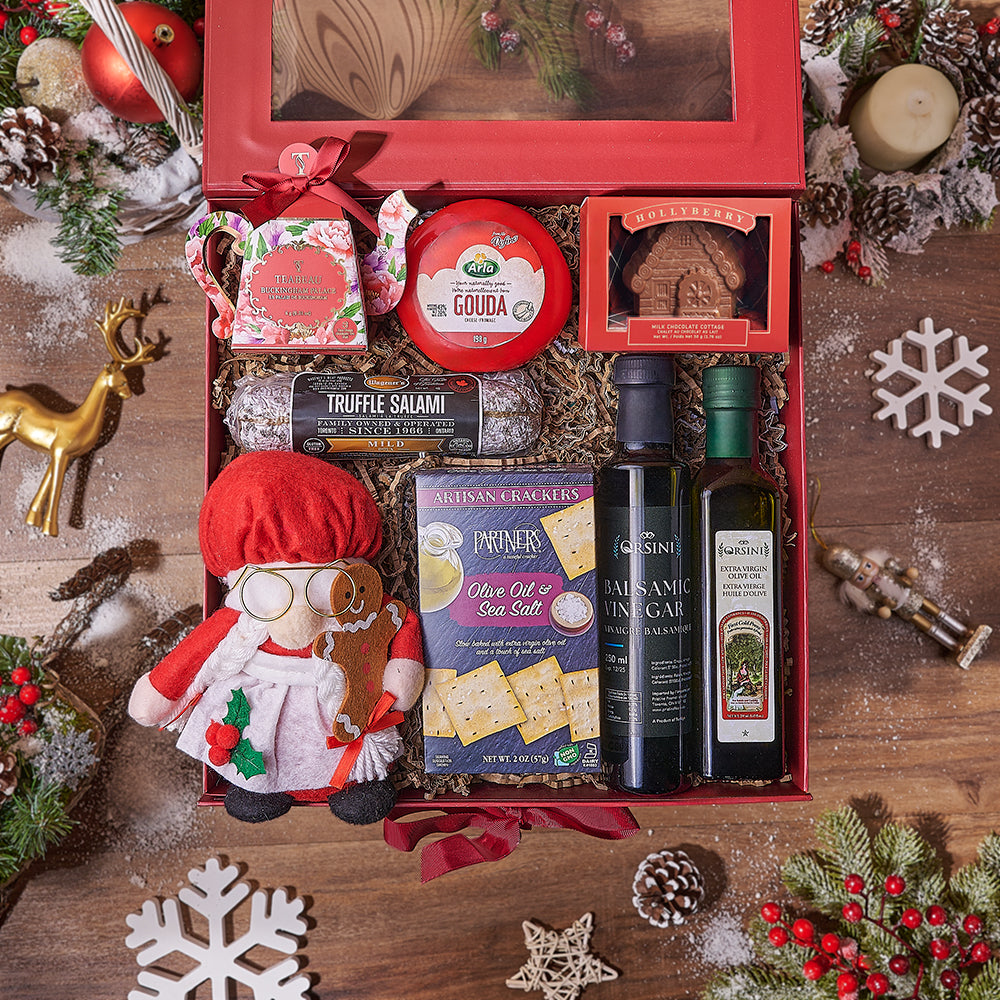 Holiday Gourmet Gift Basket with Tea, Cheese, and Chocolates – how the gift is presented