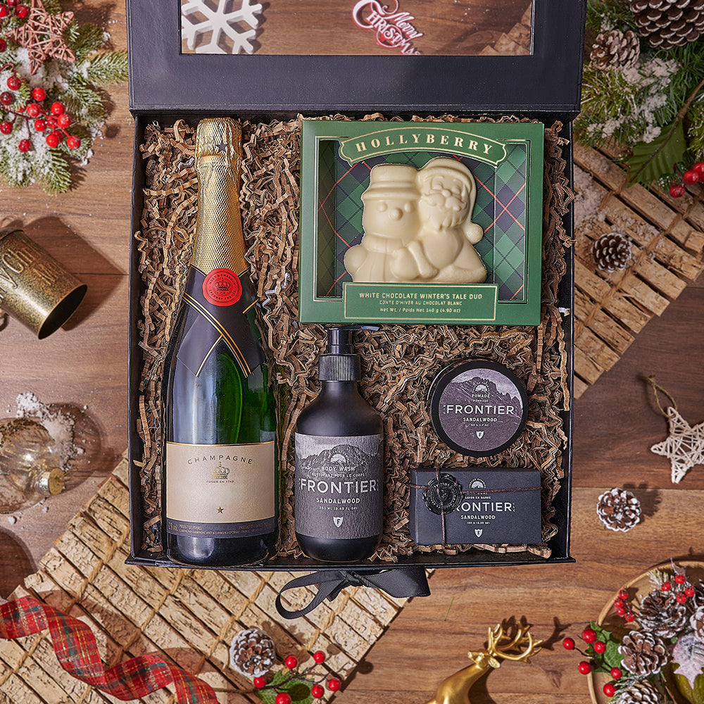 Holiday Bubbly & Spa Gift Box, chocolate gift, chocolate, champagne gift, champagne, sparkling wine gift, sparkling wine, Christmas gift, Christmas, Vermont delivery