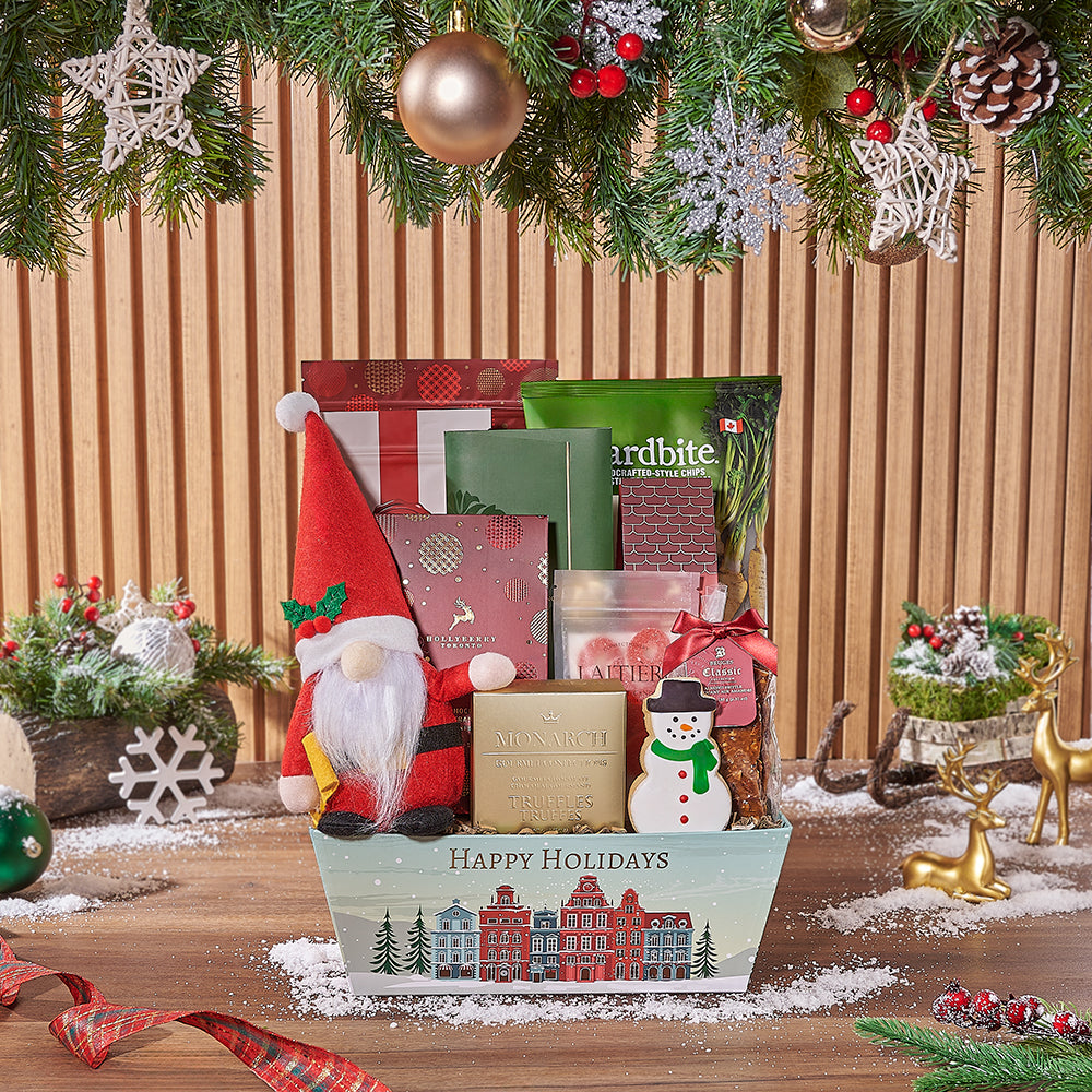 Holiday Chocolate Box in Decorative Basket – how the gift is presented