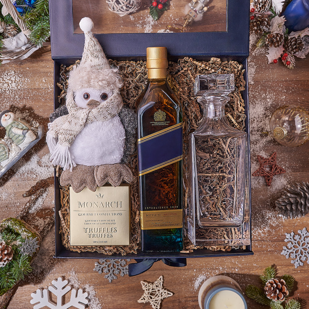 Holiday Liquor Box with Plush Penguin – how the gift is presented