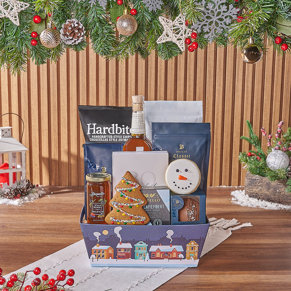 Festive Liquor Gift Basket with Camembert Cheese and Sweets – how the gift is presented