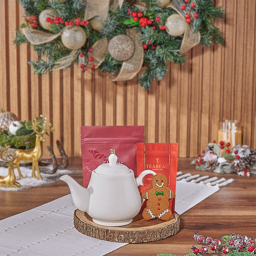 Holiday Gourmet Tea and Cookie Basket with Tea Pot – how the gift is presented