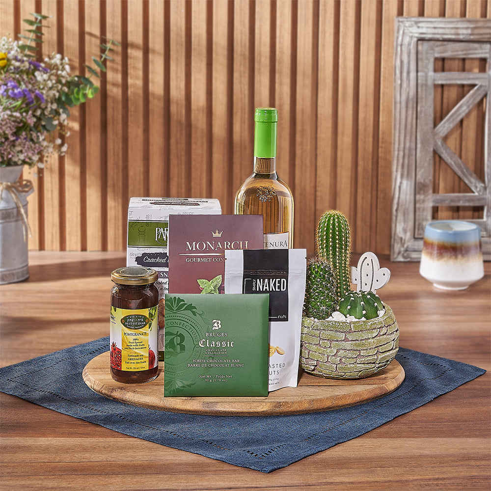 Kosher Wine & Cacti Gift, kosher gift, kosher wine, plant, crackers, chocolate, nuts, jam, board, Vermont Delivery