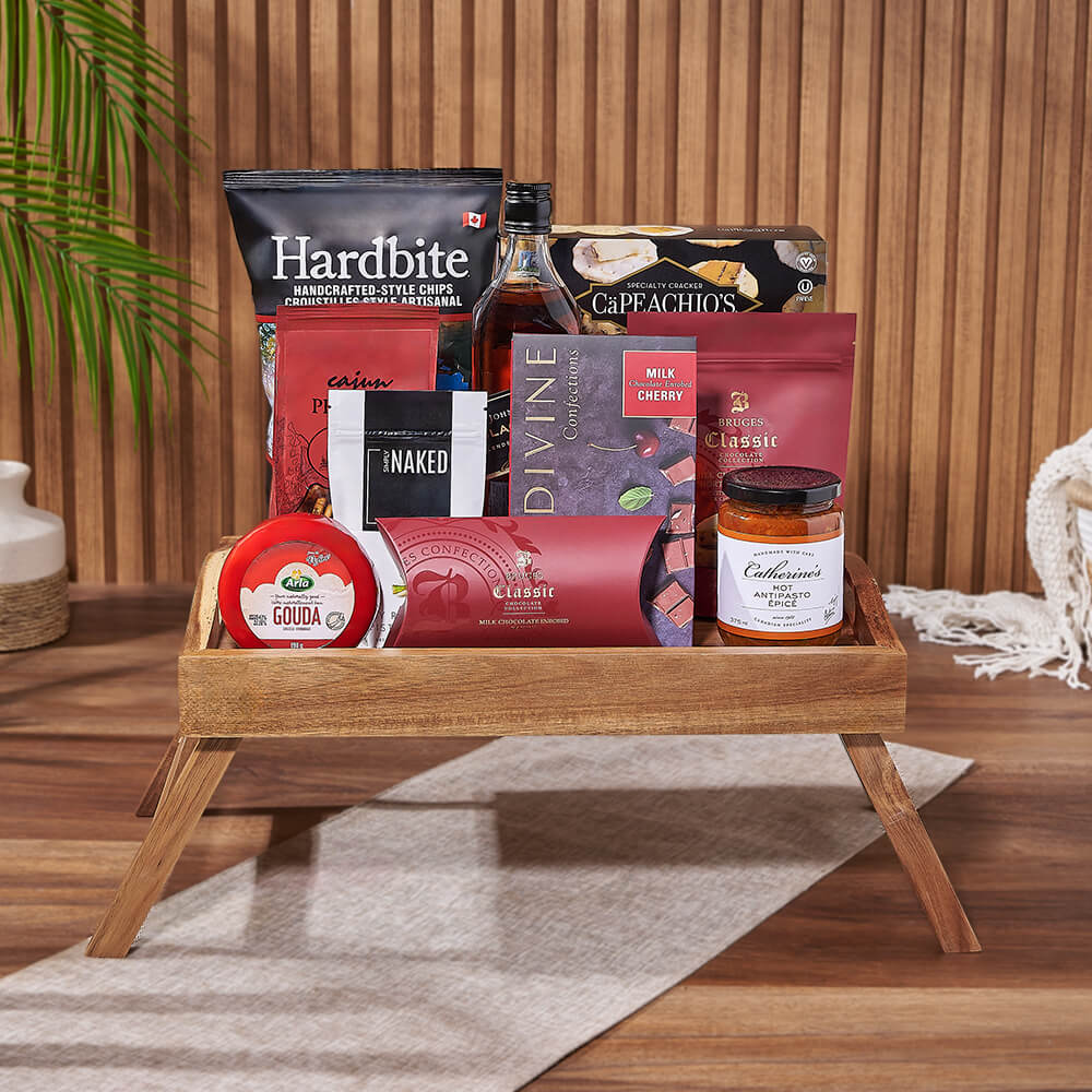 Whiskey and Assorted Treats Tray – how the gift is presented