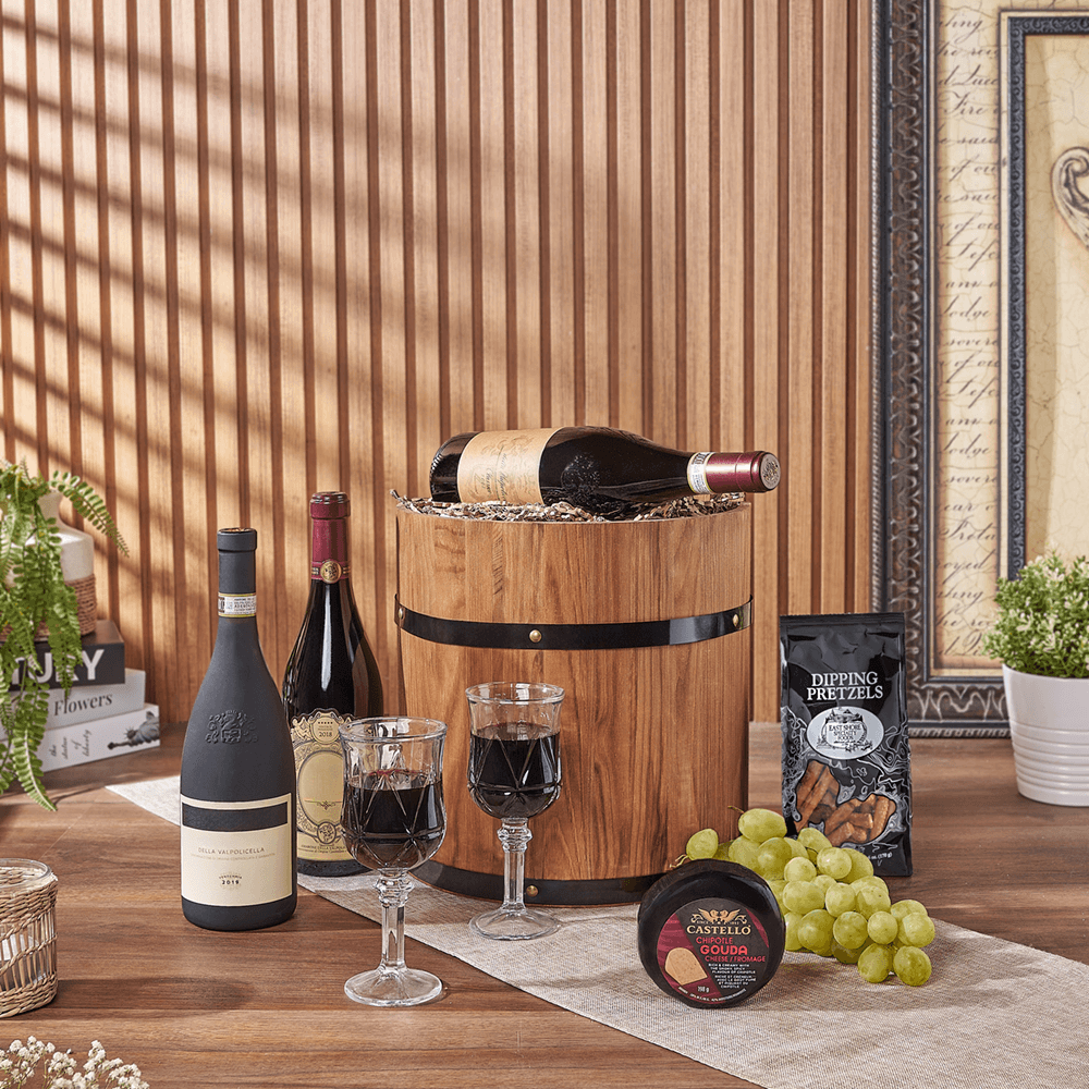 Lovely Wine Cheese Barrel - Vintage Premium Wines, wine gift, wine, fruit gift, fruit, cheese gift, cheese, Vermont delivery