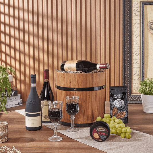 Lovely Wine Cheese Barrel - Vintage Premium Wines, wine gift, wine, fruit gift, fruit, cheese gift, cheese, Vermont delivery