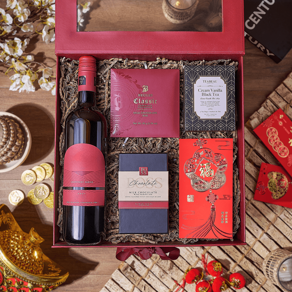 Bruges and Boss Chocolate Gift Box with Wine and Vanilla Tea for Lunar New Year – how the gift is presented