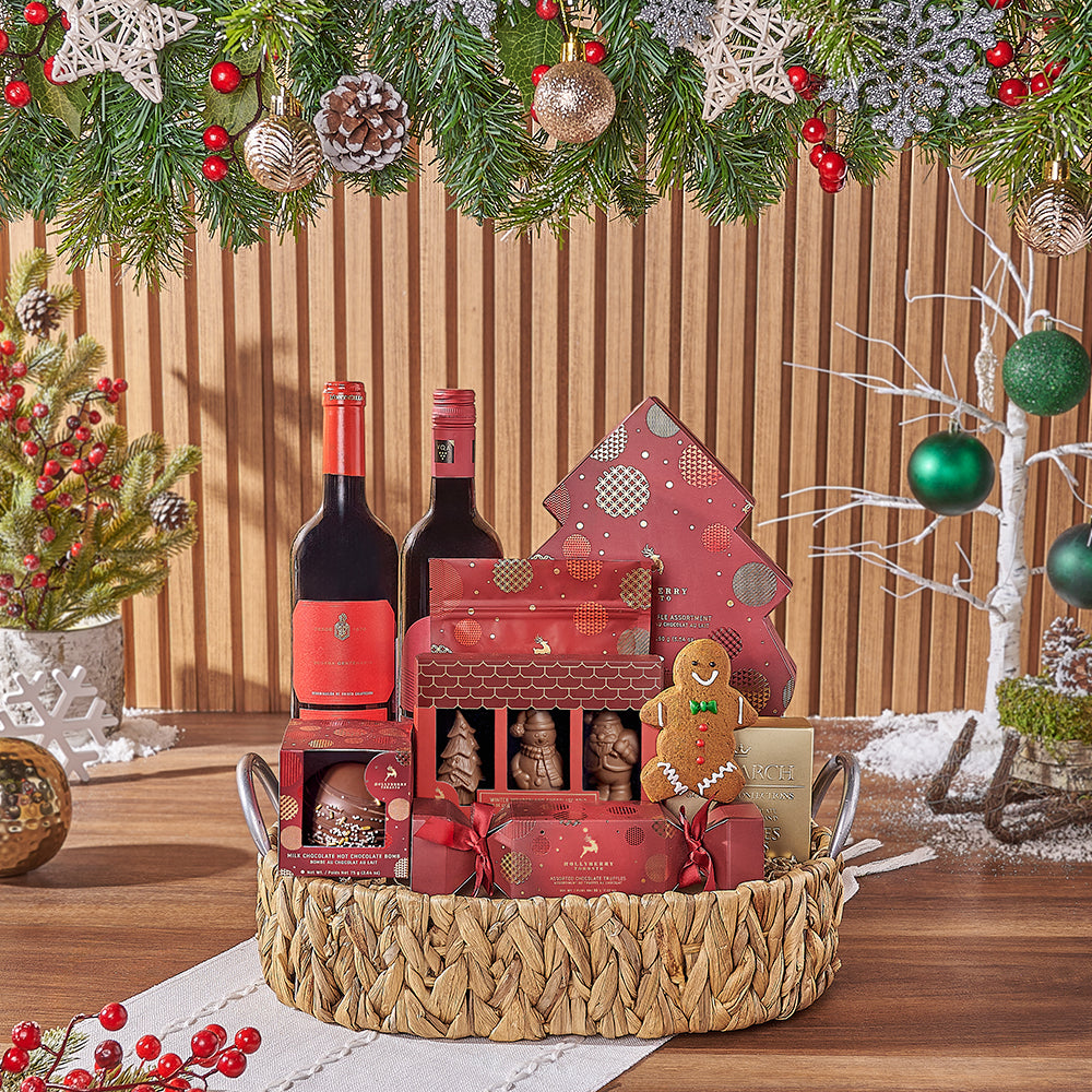 Festive Two-Bottle Wine Basket with Gourmet Chocolates – how the gift is presented