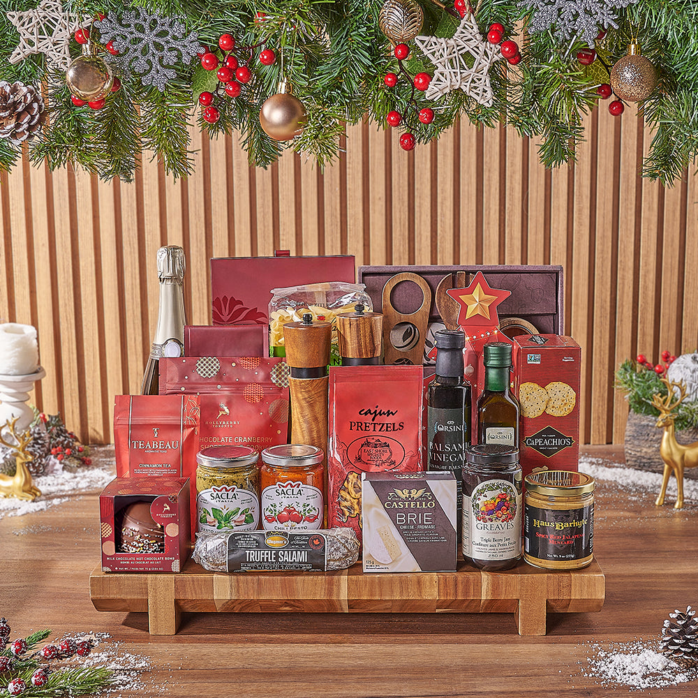 Sparkling Wine and Holiday Chocolate Gift Basket with Gourmet Treats – how the gift is presented