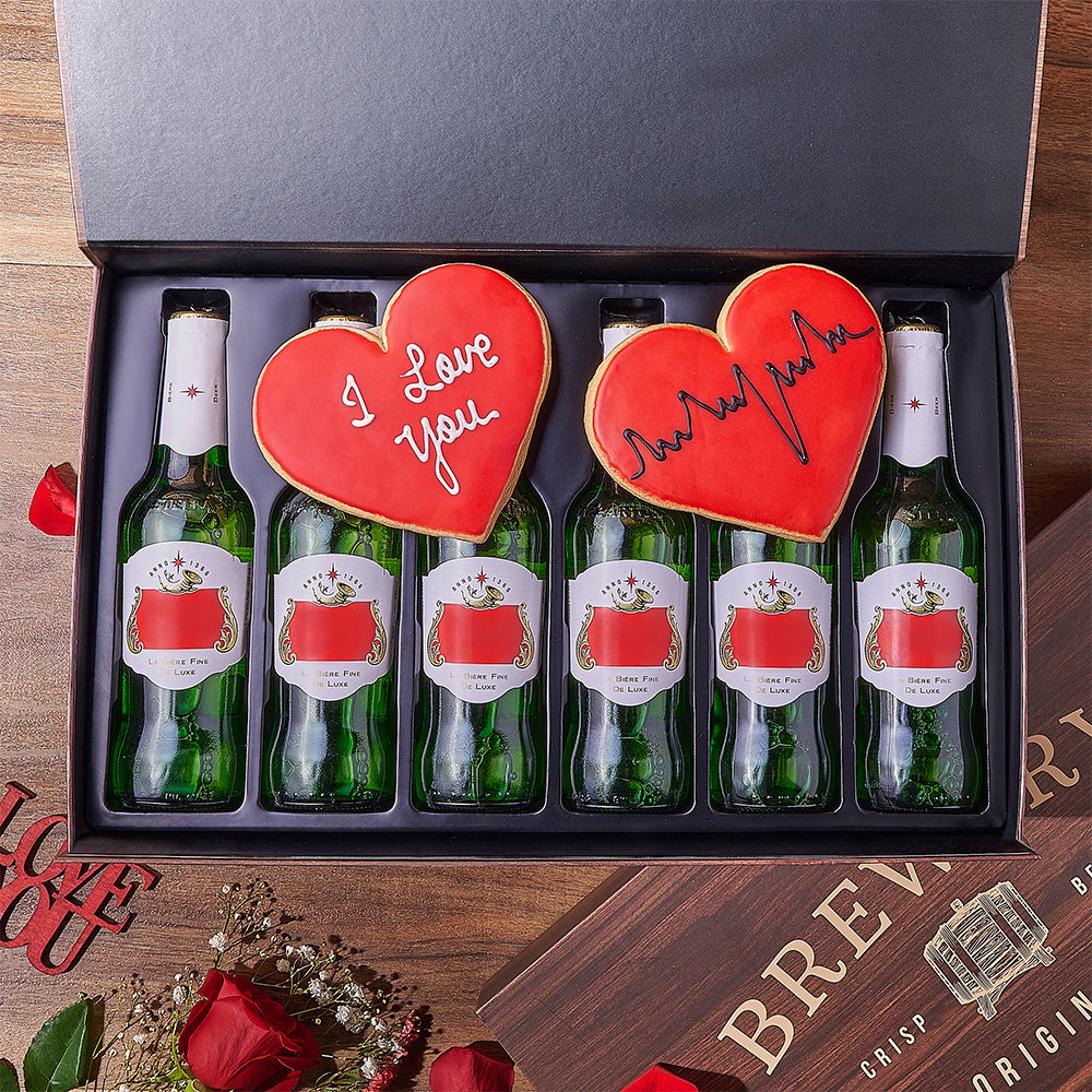 Wooden 6-Bottle Beer Box with Valentine's Day Heart Cookies – how the gift is presented