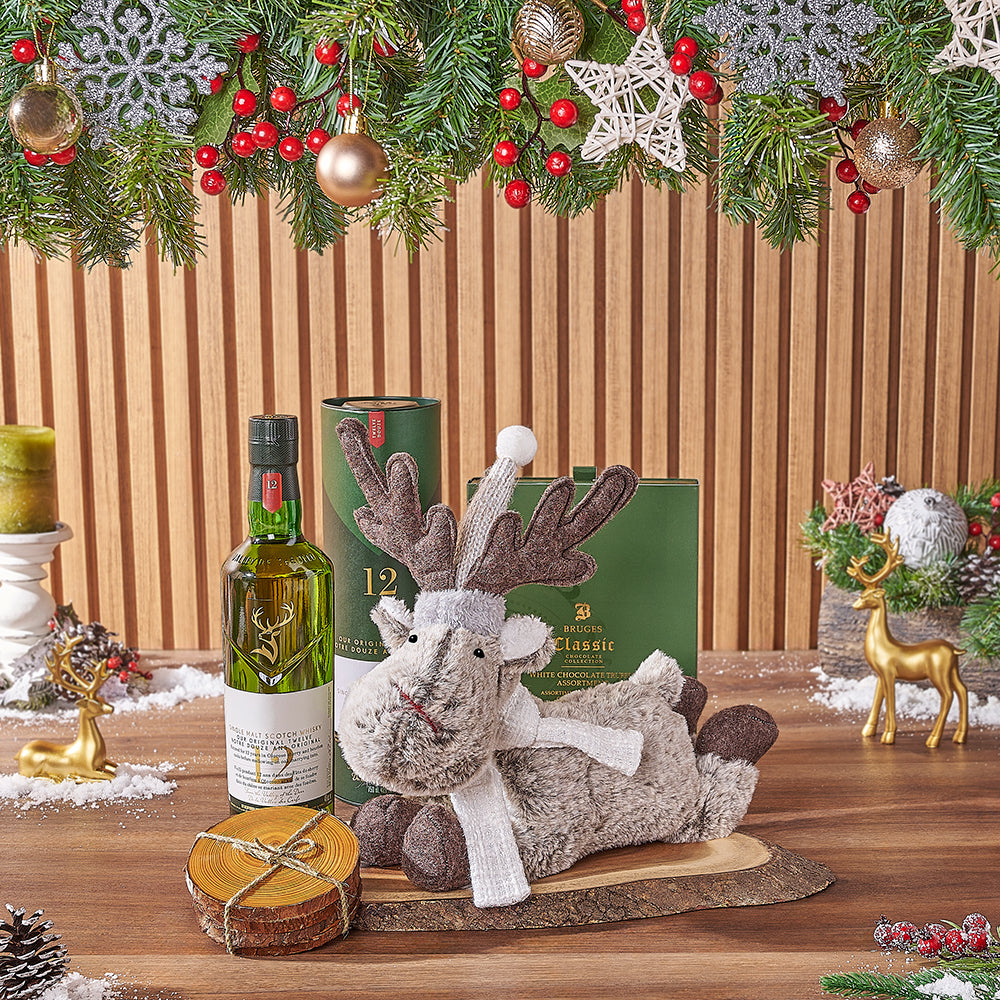 Premium Liquor Gift Basket with Bruges White Truffles and Wooden Coasters – how the gift is presented