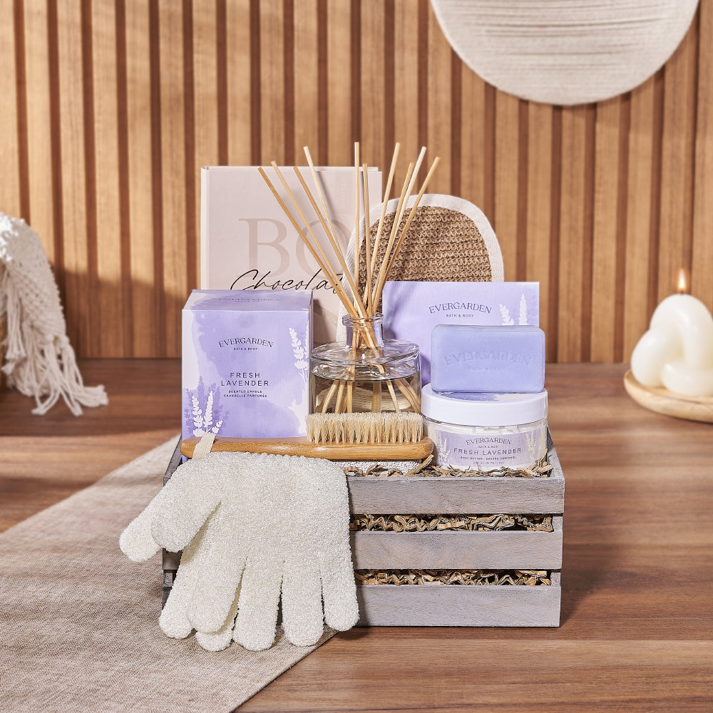 Radiant & Lavish Spa Gift Set, spa gift, candle, diffuser, soap, body butter, bath salts, bath mitt, bath gloves, foot brush, chocolate, box, Vermont Delivery