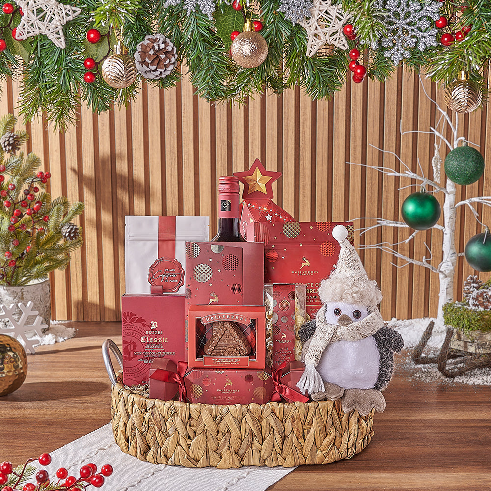 Winter Wine and Chocolate Treats Basket – how the gift is presented