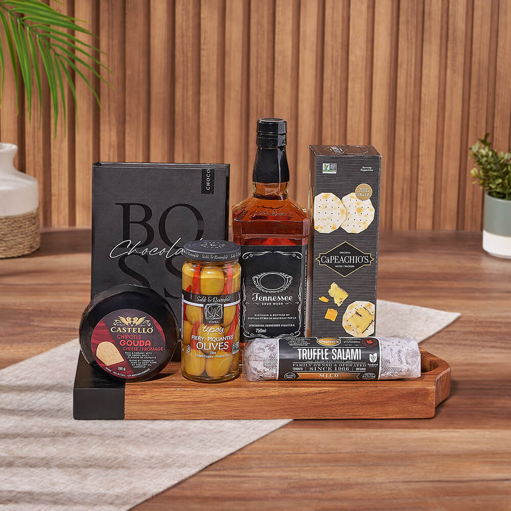 Liquor Cheese and Salami Gift Basket – how the gift is presented