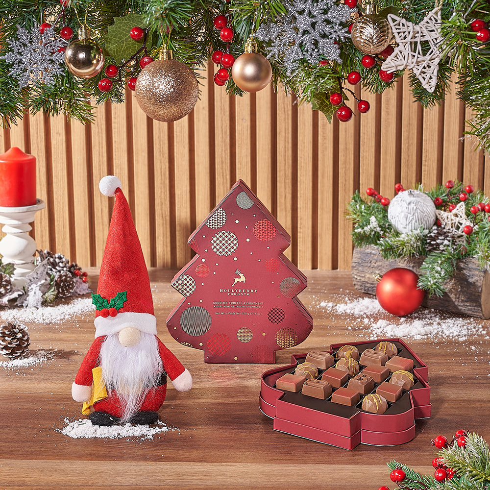 Festive Plush Santa and Gourmet Truffles Gift Basket – how the gift is presented