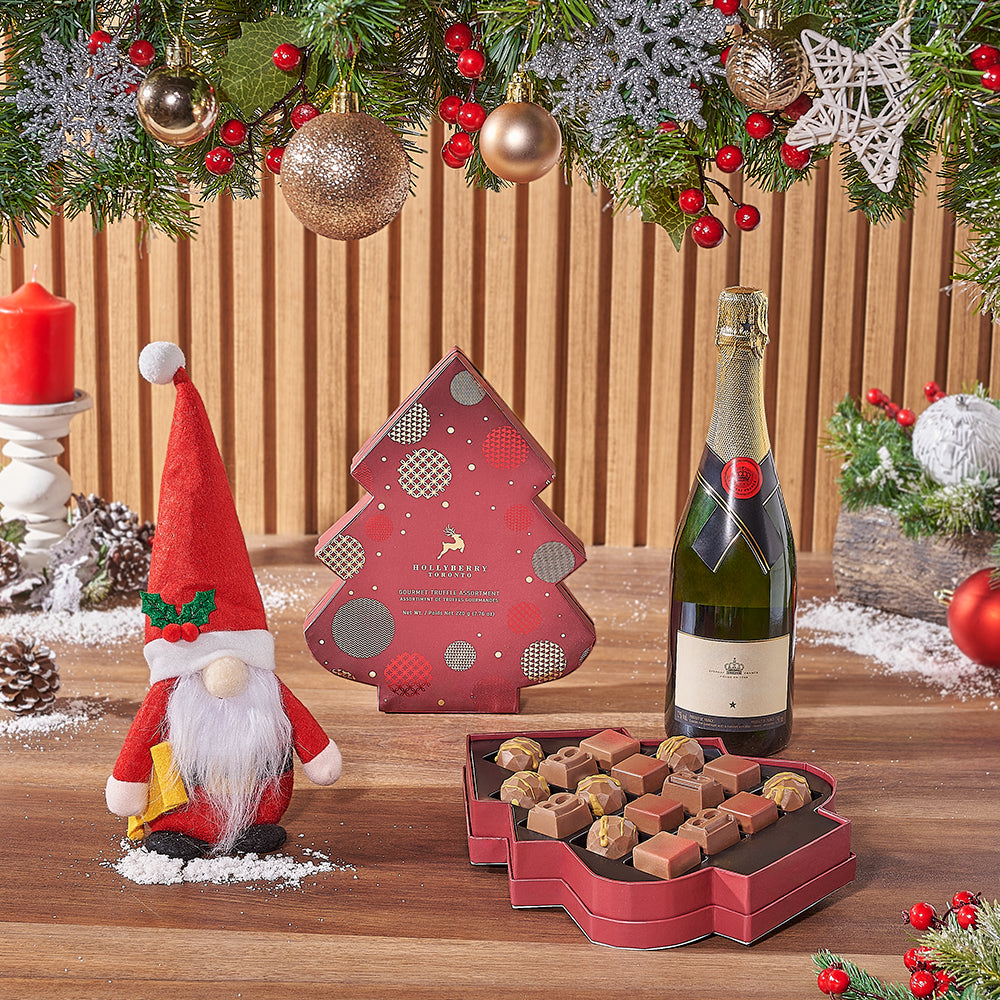 Holiday Sparkling Wine Gift with Hollyberry Truffle Tree and Plush Santa – how the gift is presented