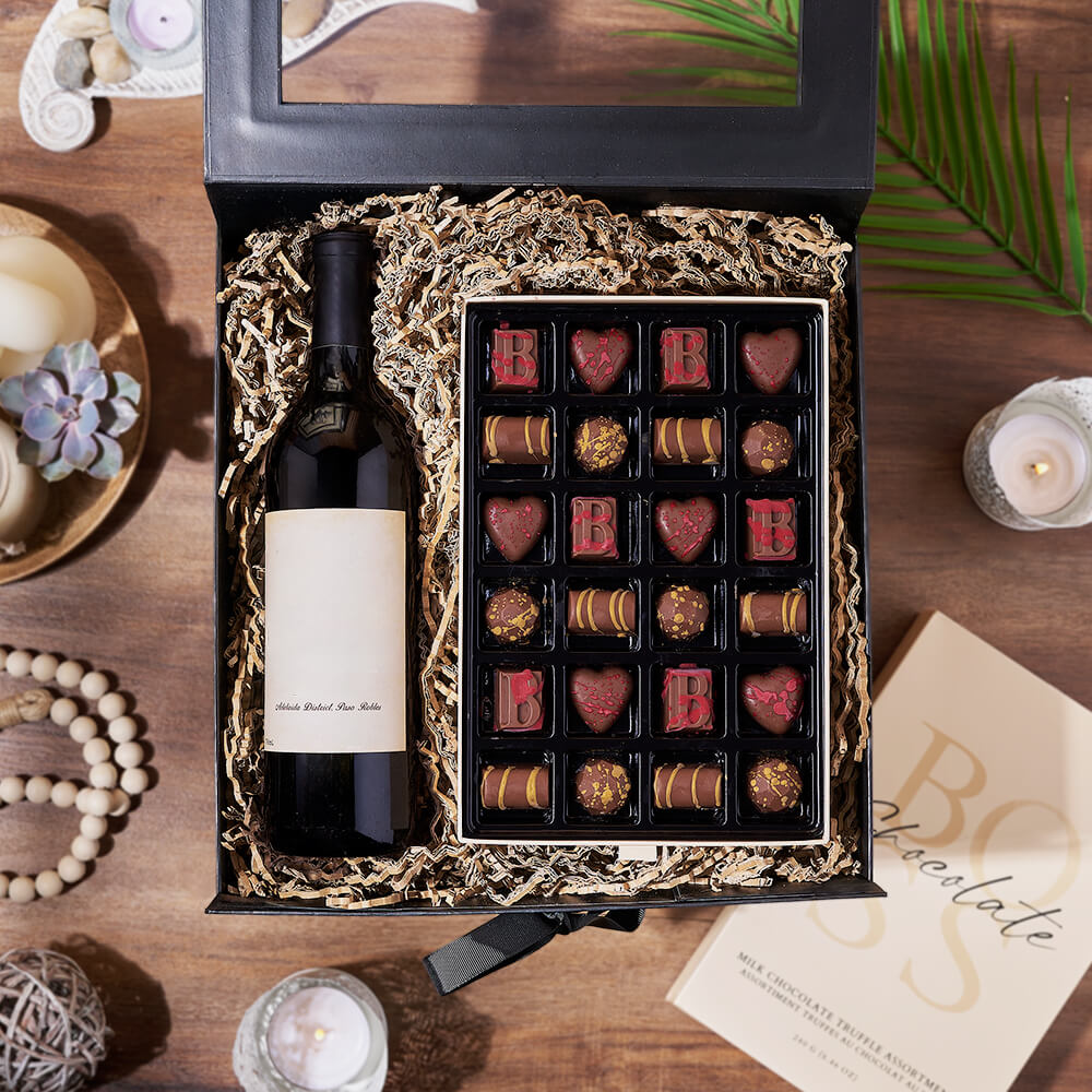 Scrumptious Wine Gift Box, wine gift, wine, chocolate gift, chocolate, Vermont Delivery