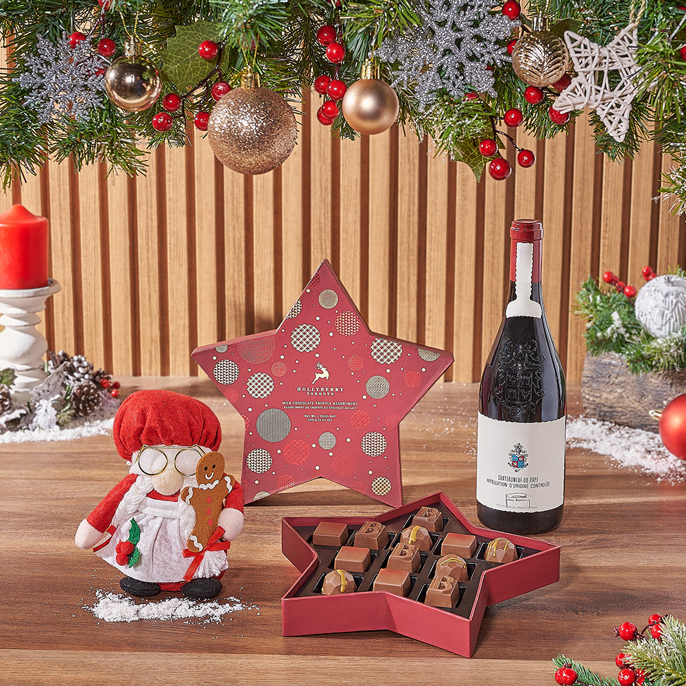 Holiday Wine Gift Basket with Star Box Chocolates and Plush Mrs. Claus – how the gift is presented
