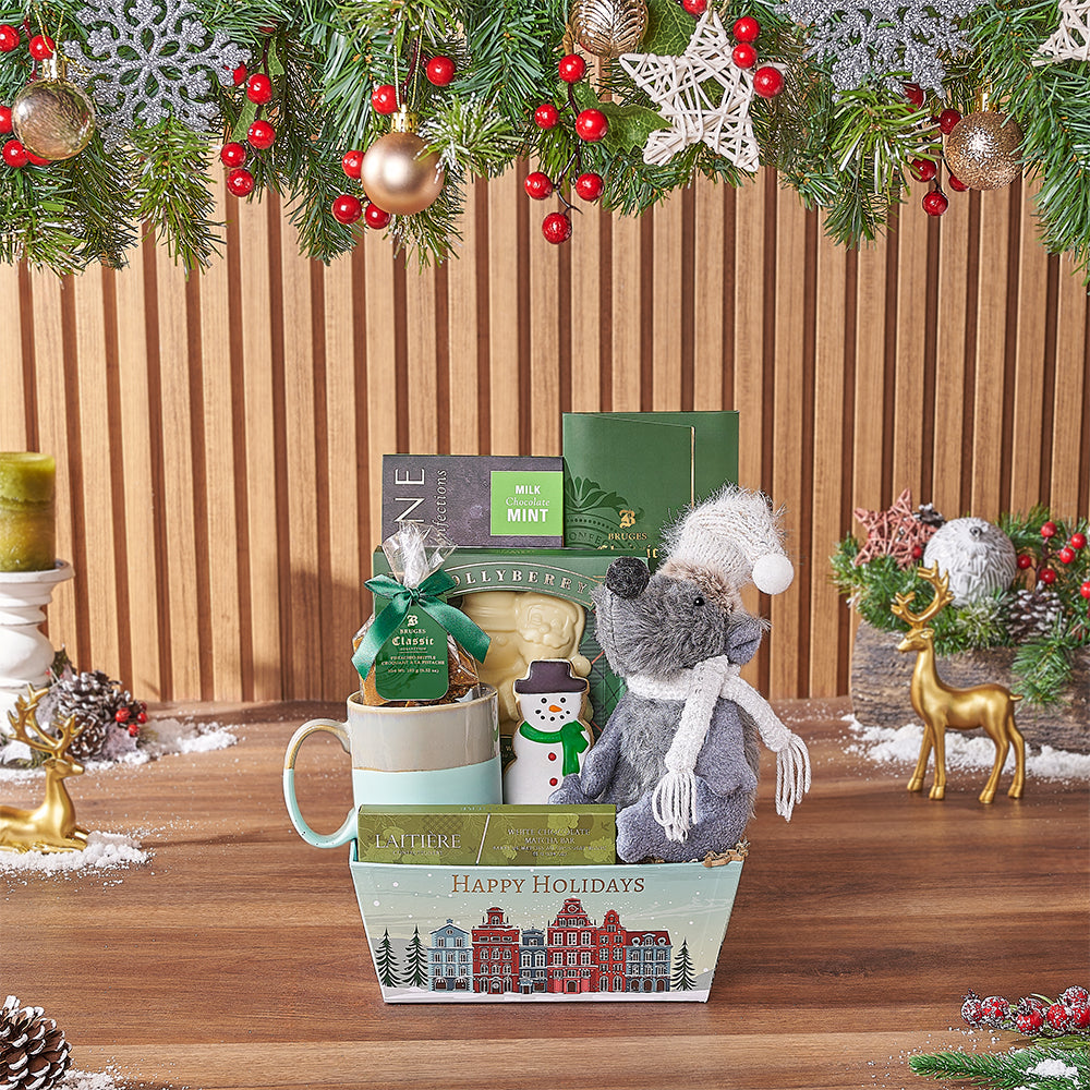 Holiday Gourmet Chocolate and Plush Gift Basket – how the gift is presented