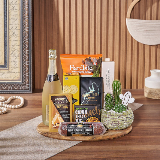 Sincerest Greetings Gift Set, champagne gift, sparkling wine, chips, chocolate, crackers, coffee, cheese, snack, salami, plant, board, Vermont Delivery