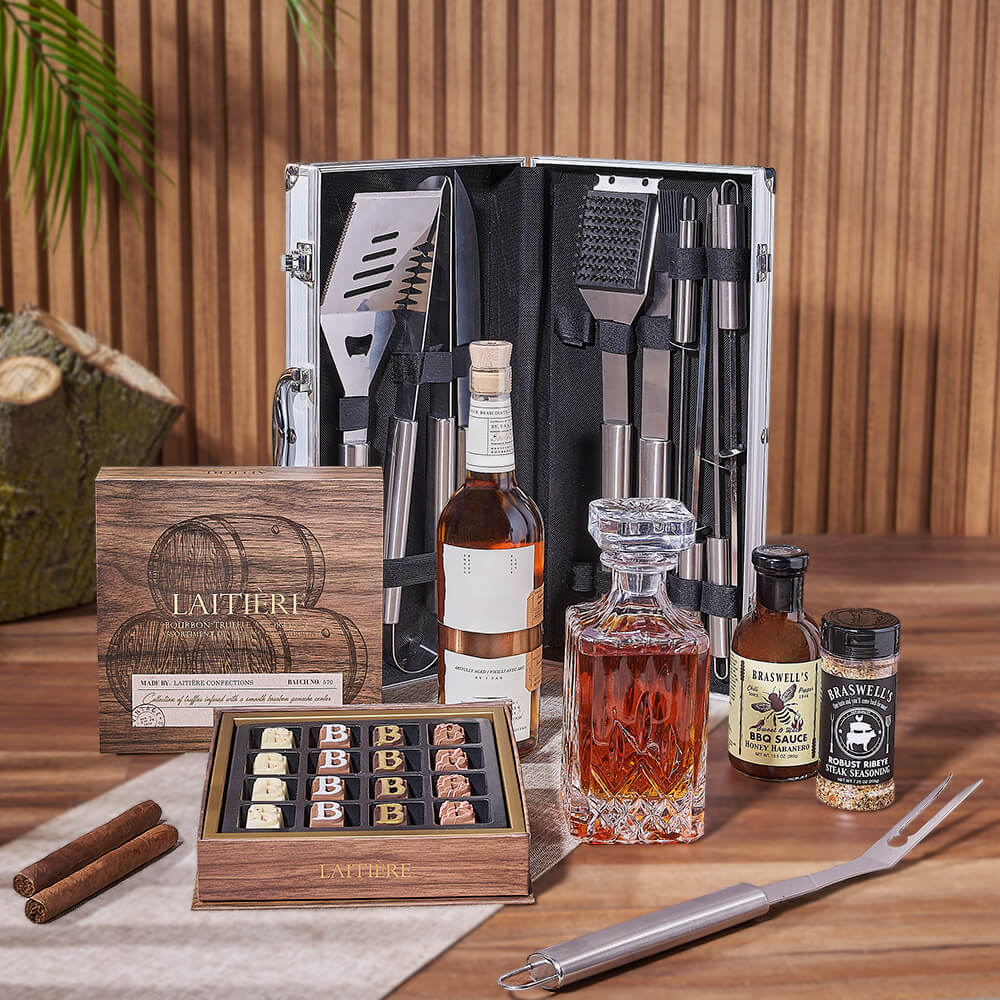 Smokin’ BBQ Grill Gift Set with Liquor from Vermont Baskets - Liquor Gift Basket - Vermont Delivery.