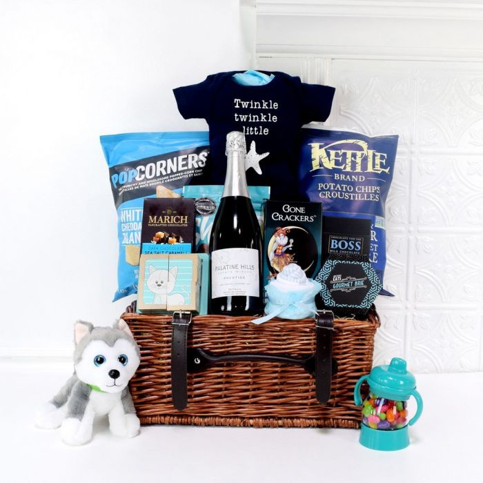 Champagne and Baby Essentials Basket – how the gift is presented