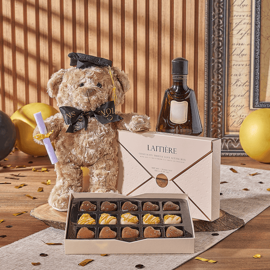 Spirits & Graduate Bear Gift, liquor gift, liquor, chocolate gift, chocolate, plush gift, plush, graduation gift, graduation, Vermont delivery