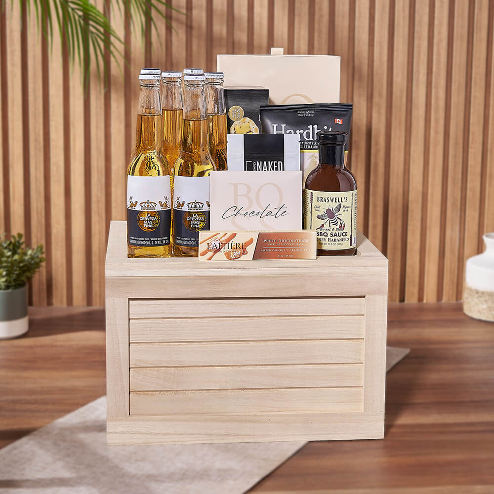 Wooden Crate Corona Beer Gift Basket with Assorted Gourmet Foods – how the gift is presented