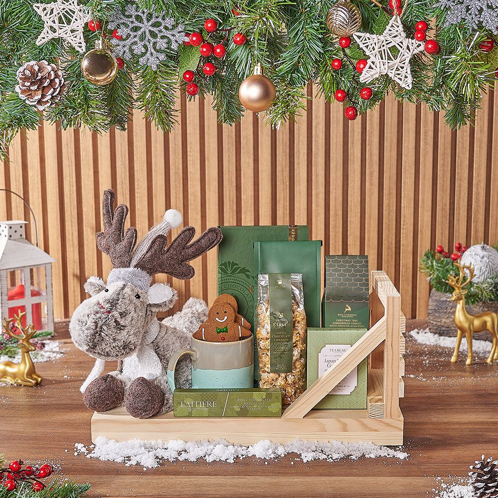 Holiday Chocolate Coffee Sleigh Basket – how the gift is presented
