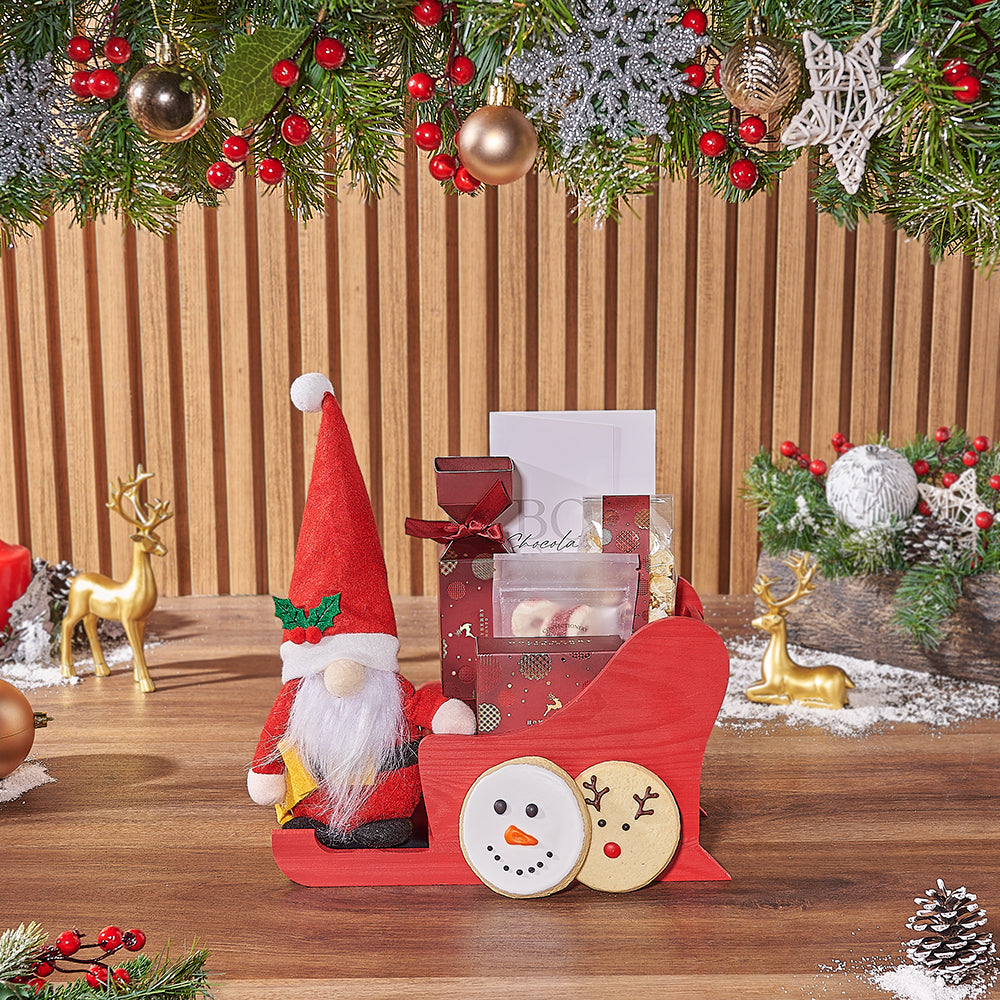 Holiday Sleigh Basket with White Chocolate and Candy Treats – how the gift is presented