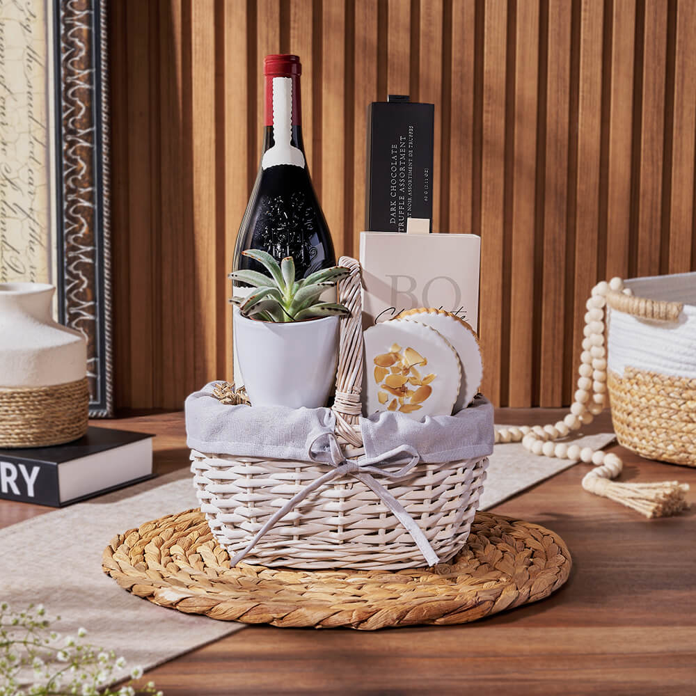 Bottle of Wine and Succulent Basket – how the gift is presented