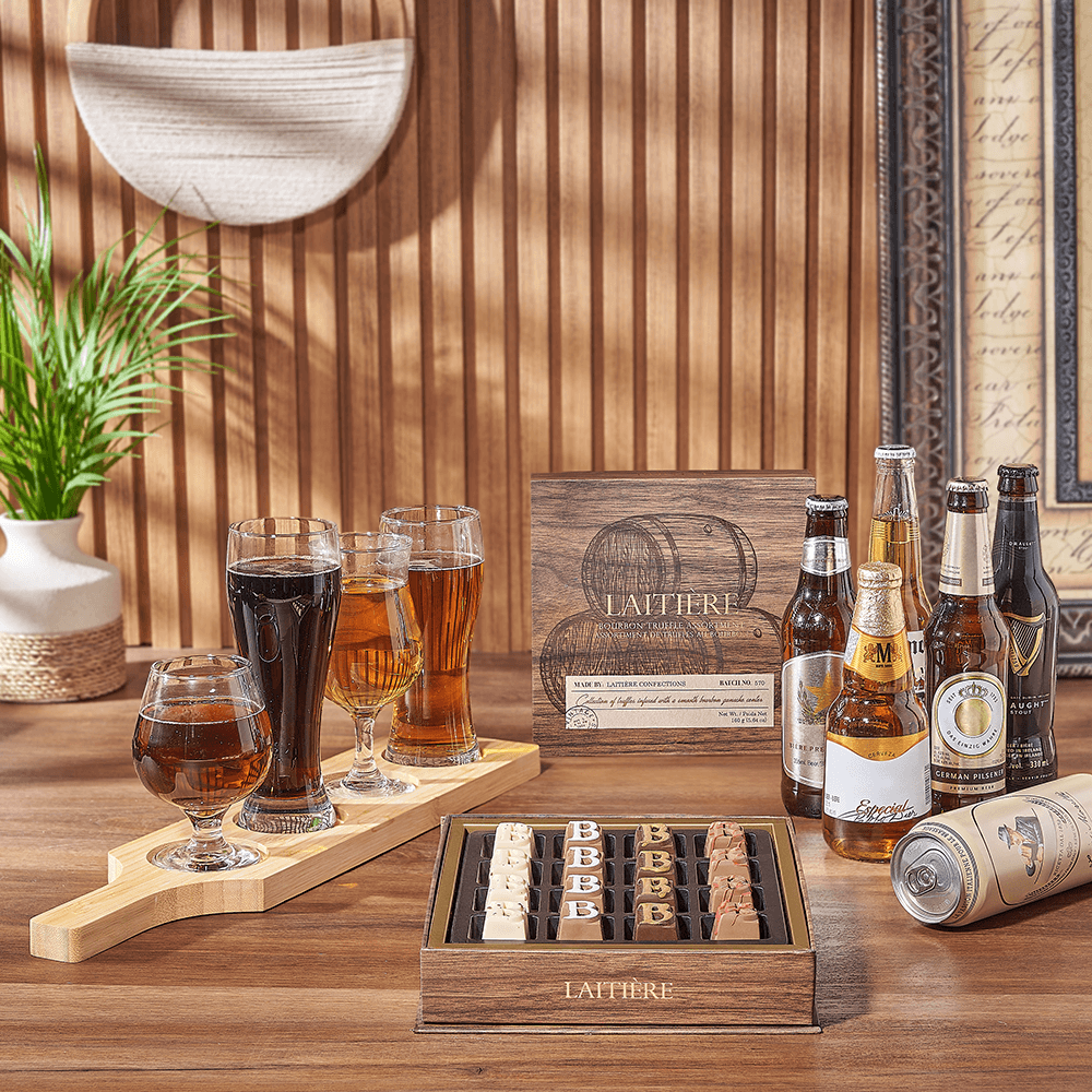 Beer Flight Board Gift Set with 6 Assorted Beers and Chocolate Truffles – how the gift is presented