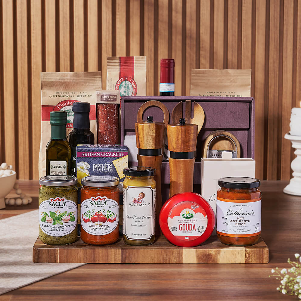 Wine Gift Basket with Kurtzie's Merlot Salami and Italian Gourmet Treats – how the gift is presented