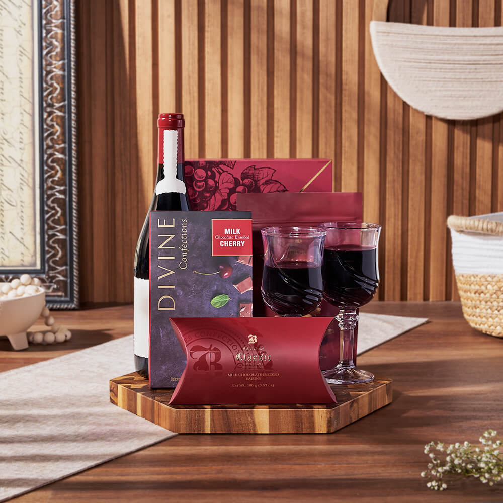 Wine Gift Basket Featuring Chocolate Delights – how the gift is presented