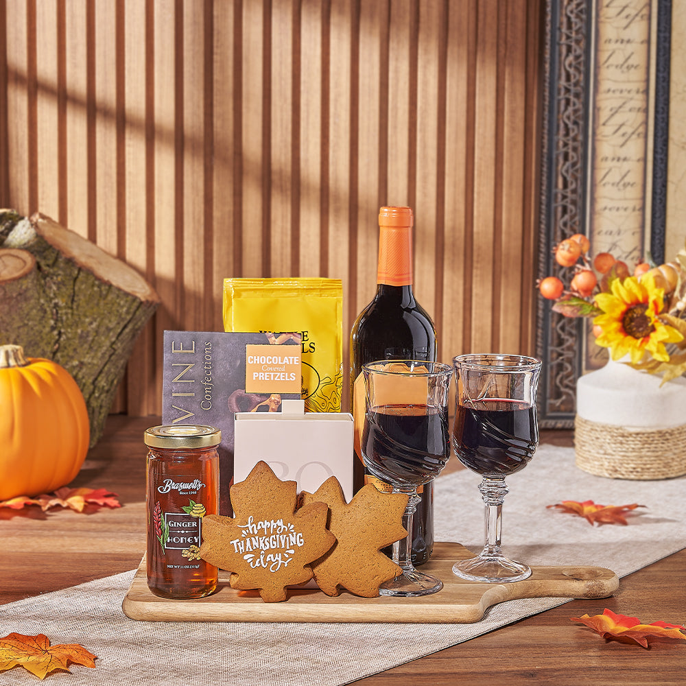 Acacia Wood Board Wine Gift with Truffles, Pretzels, and Thanksgiving Cookies – how the gift is presented