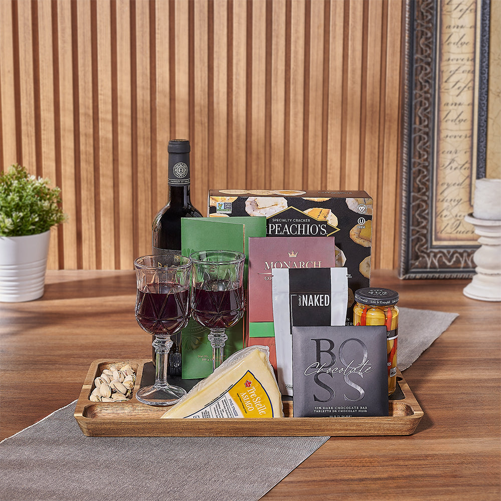 The Big Celebration Kosher Set, kosher gift, kosher wine, crackers, chocolate, nuts, olives, cheese, glasses, board, Vermont Delivery