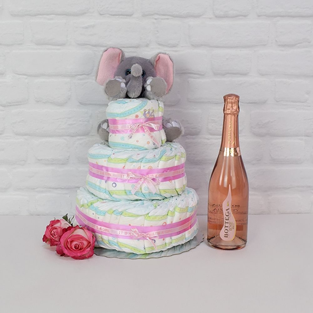 The Diaper Gateau Gift Set with Champagne from Vermont Baskets - Vermont Delivery