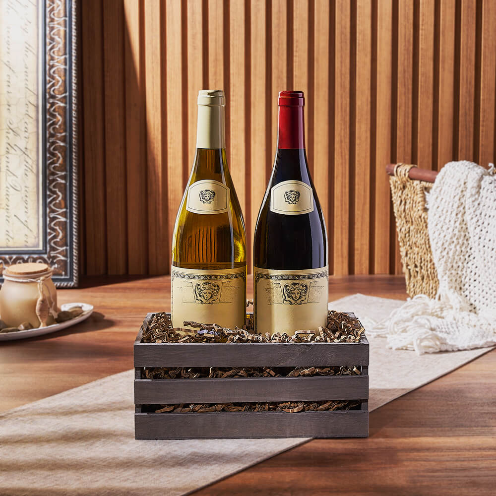 Premium Two-Bottle Wine Set Presented in Small Grey Wooden Crate – how the gift is presented