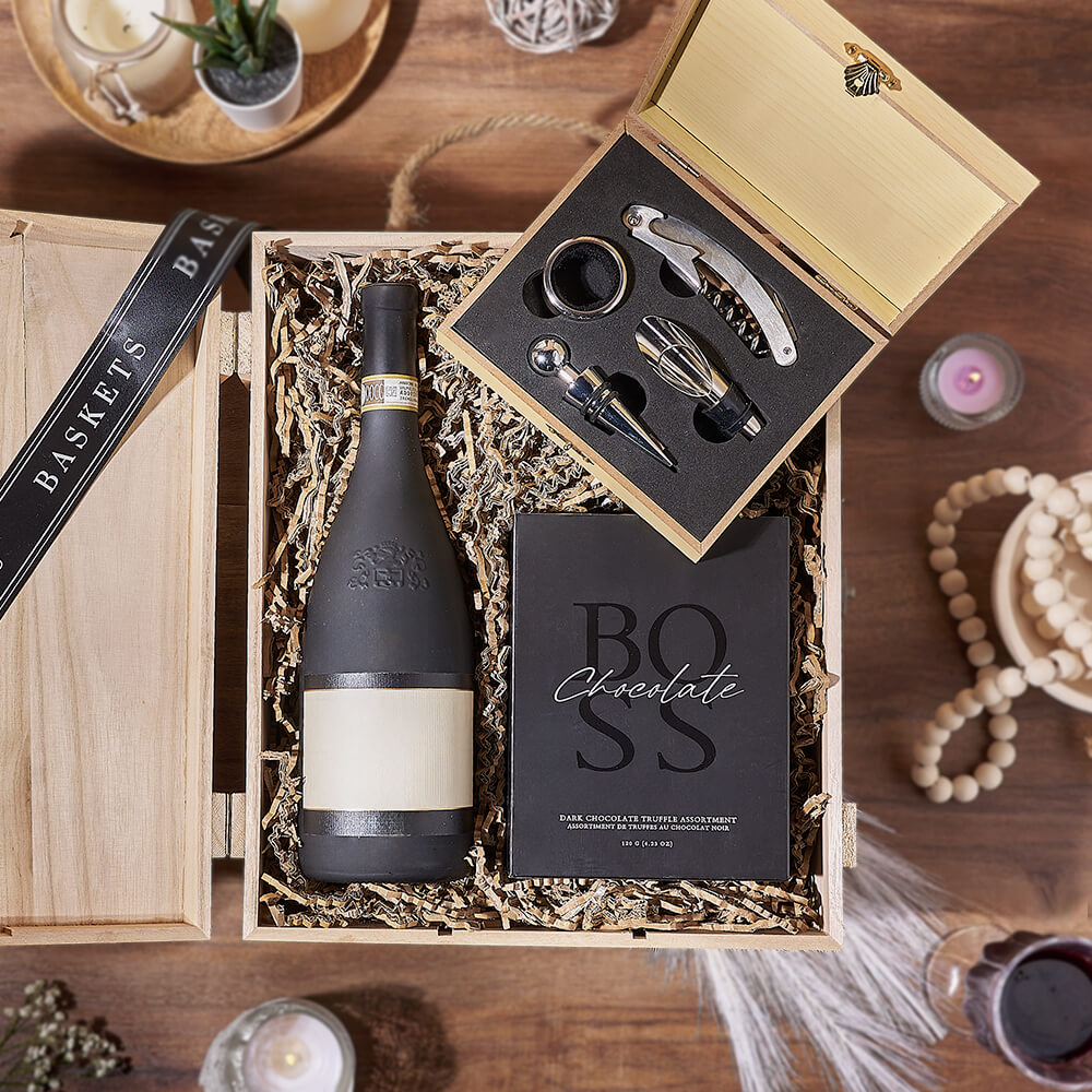 Wine Box with Boss Dark Truffles – how the gift is presented