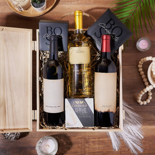 Wine Trio Pairing Gift, wine gift, wine, chocolate gift, chocolate, cheese gift, cheese, Vermont Delivery