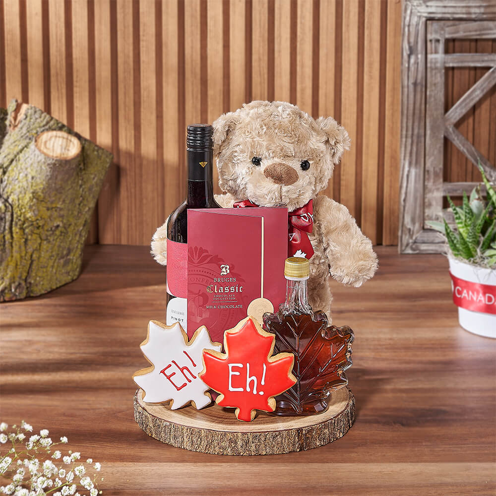 Canada Day Wine Gift Basket with Pure Maple Syrup & Milk Chocolate – how the gift is presented