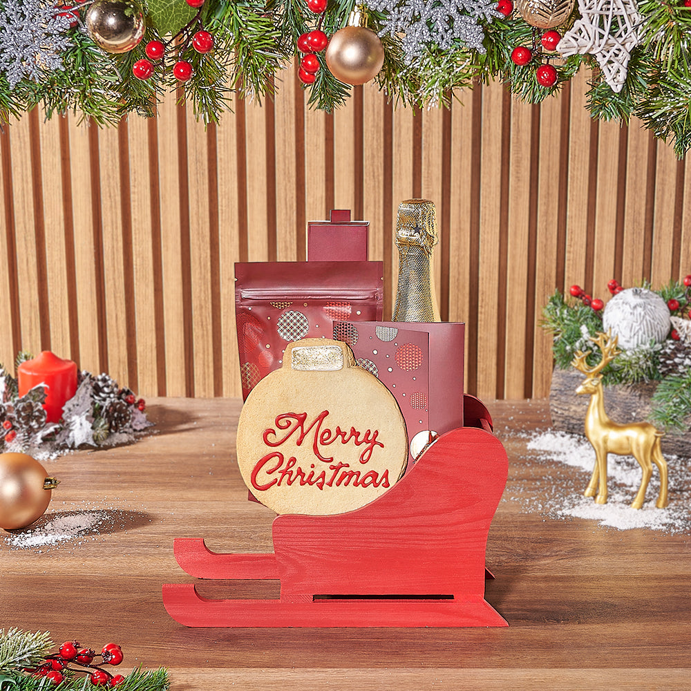 Holiday Sparkling Wine and Gourmet Chocolate Gift in Decorative Red Pine Sled – how the gift is presented